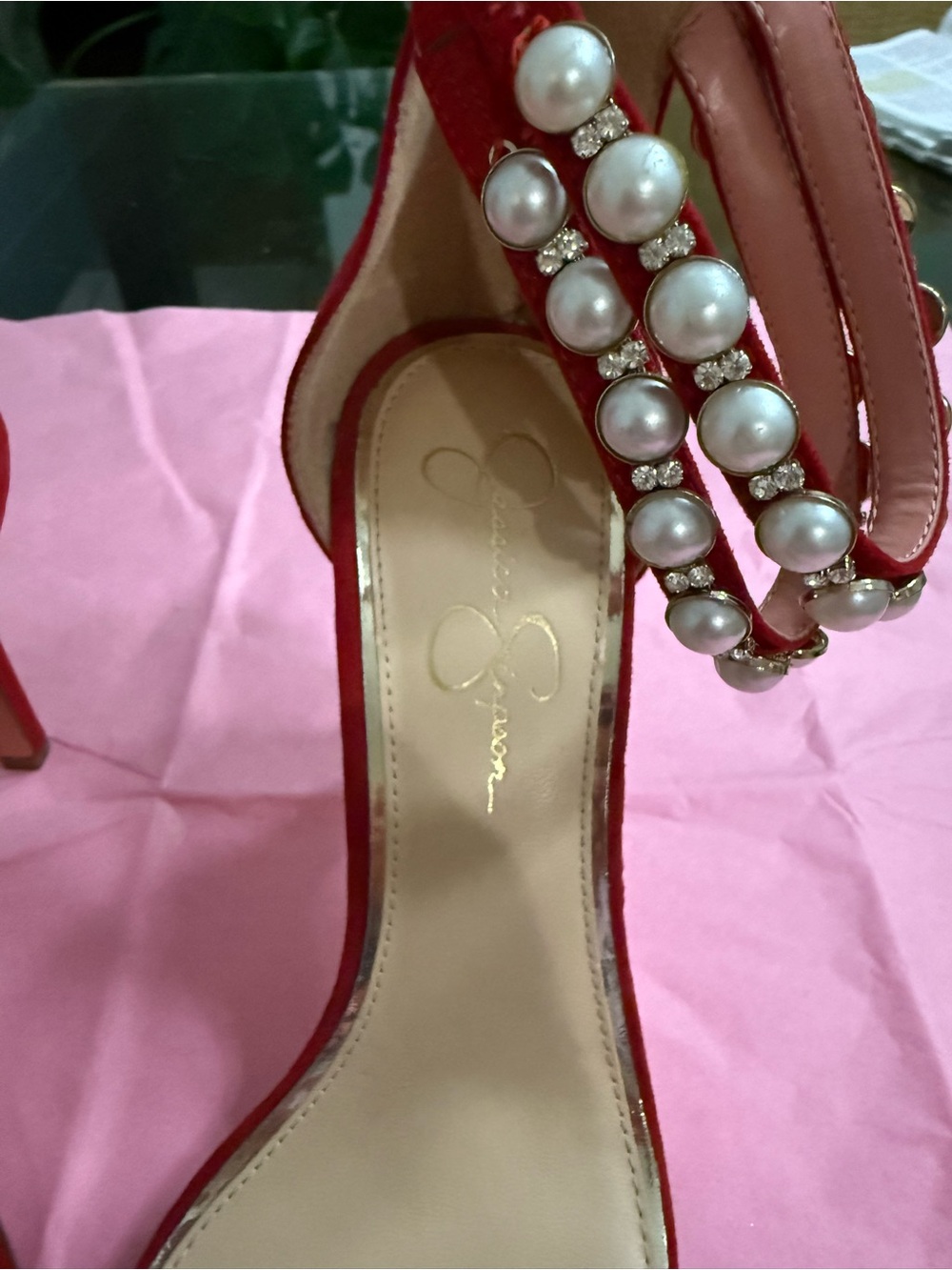 Jessica Simpson Red Pearl-Embellished Ankle-Strap Heels - Picture 3 of 5